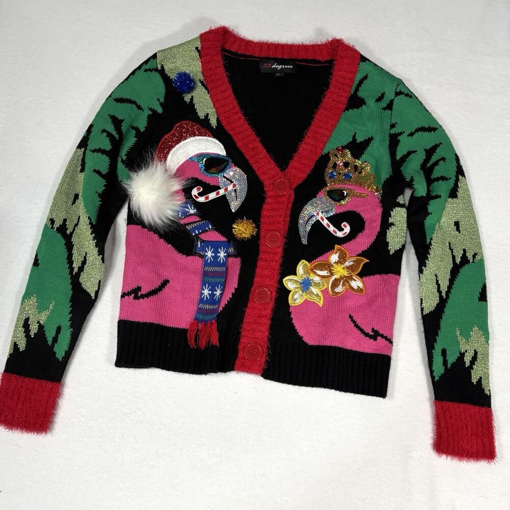 Dagacci Women's Holiday Flamingo Cardigan - Green and Pink